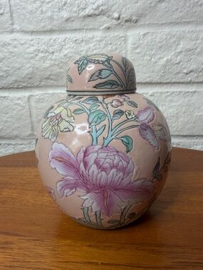 Vintage Pink Macau Hand Painted Floral Ginger Jar with Lid